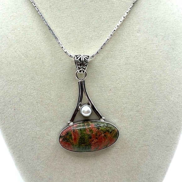 Vintage Large Green Orange Unakite Jasper Pearl Sterling Silver Necklace Pendant - Picture 3 of 13